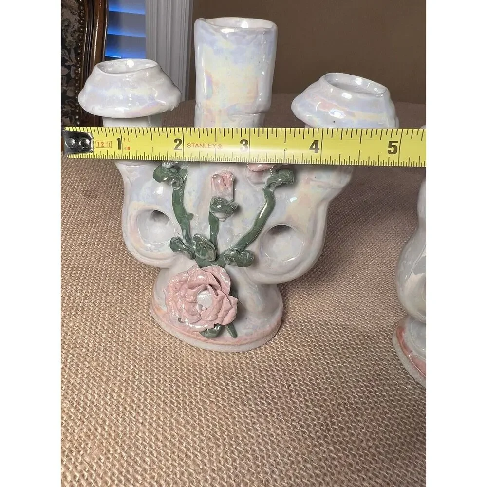 Lusterware Mid Century Opalescent Porcelain Rose Candelabra--Set of 2--Vintage